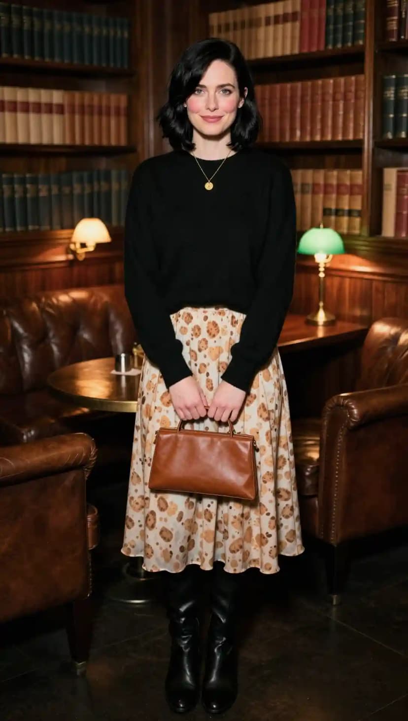 Black Knit Sweater + Printed Midi Skirt + Knee-High Boots