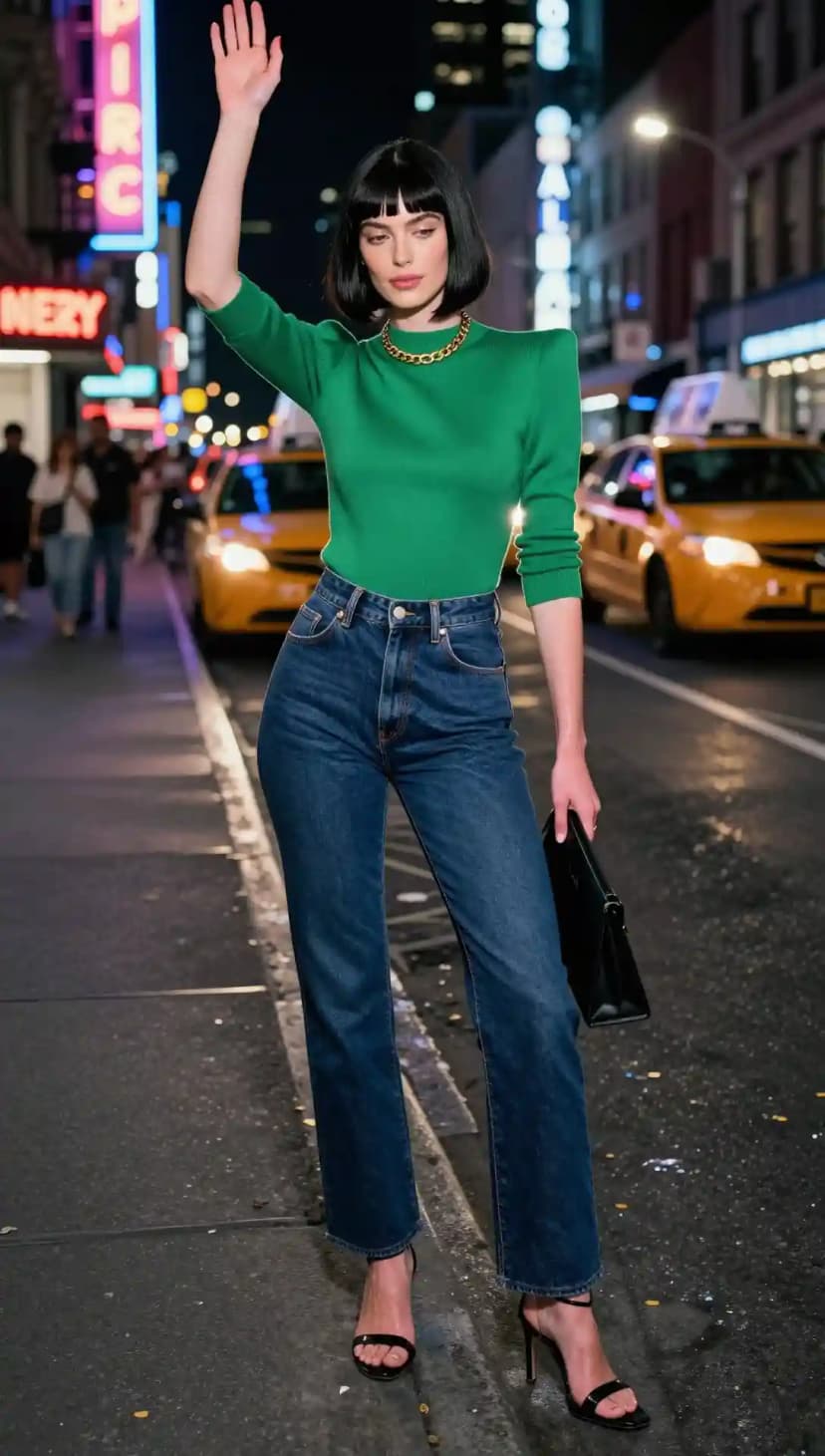 Green Ribbed Knit Sweater + Dark Wash Wide-Leg Jeans + Gold Chain Necklace