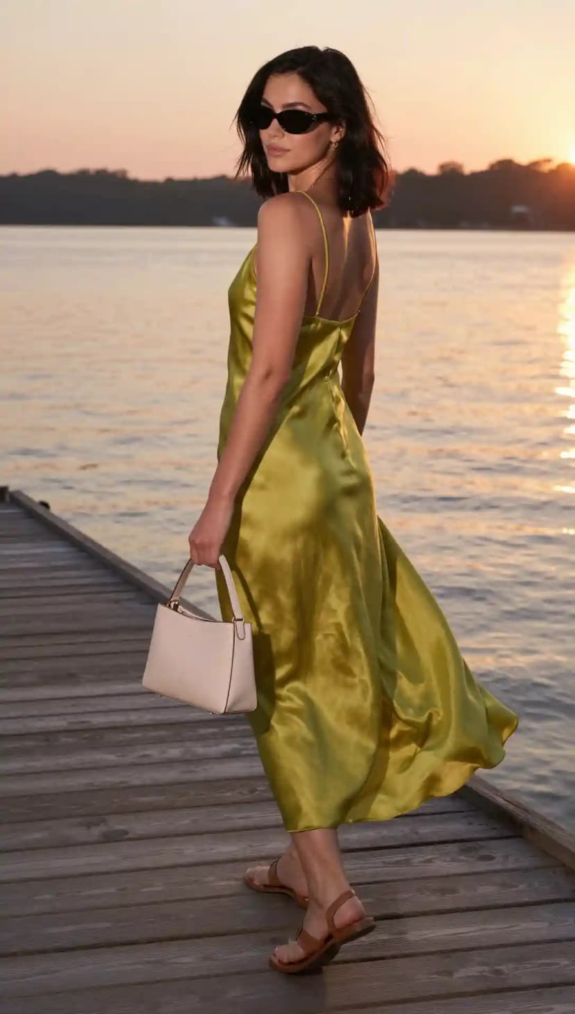 Lime Green Satin Slip Dress + Tan Flat Sandals + Cream Structured Bag