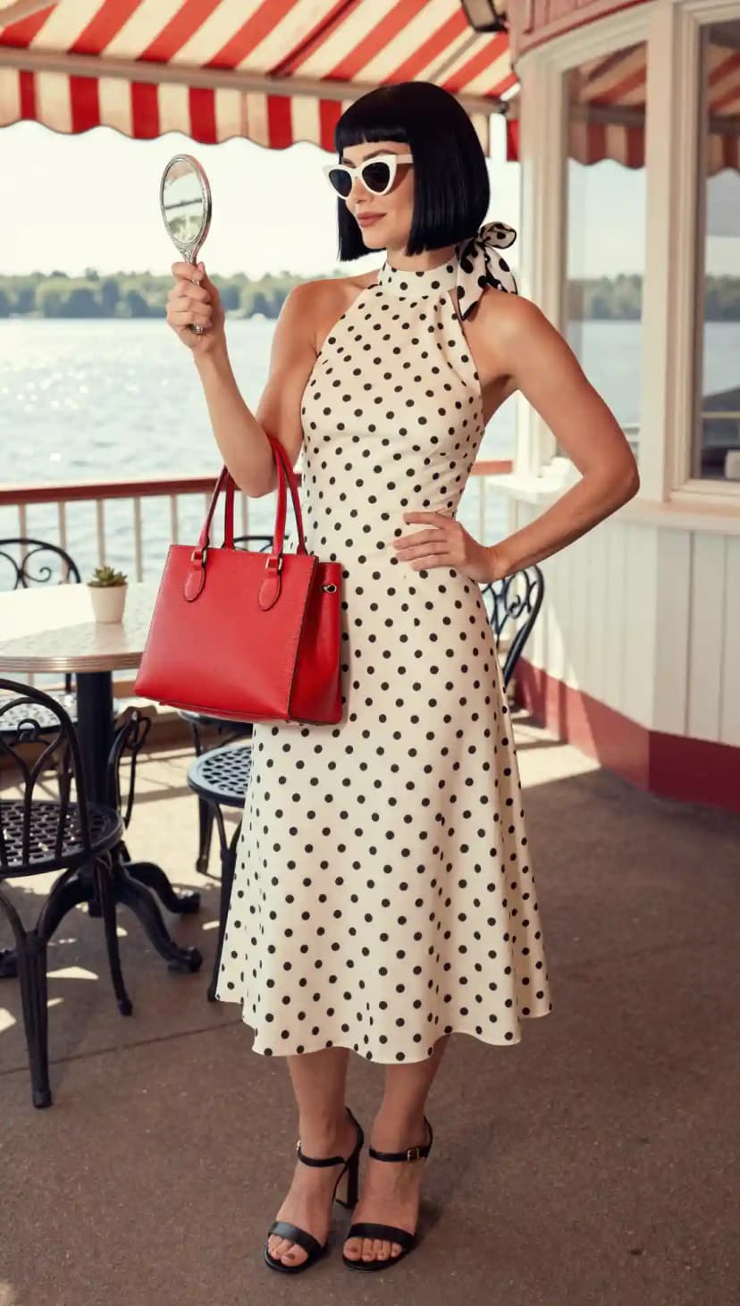 Ivory Polka Dot Halter Dress + Black Strappy Heels + Red Tote Bag