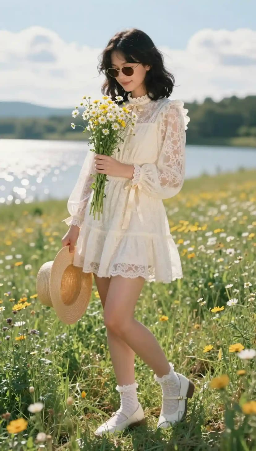 Ivory Lace Mini Dress + Straw Hat + White Mary Janes