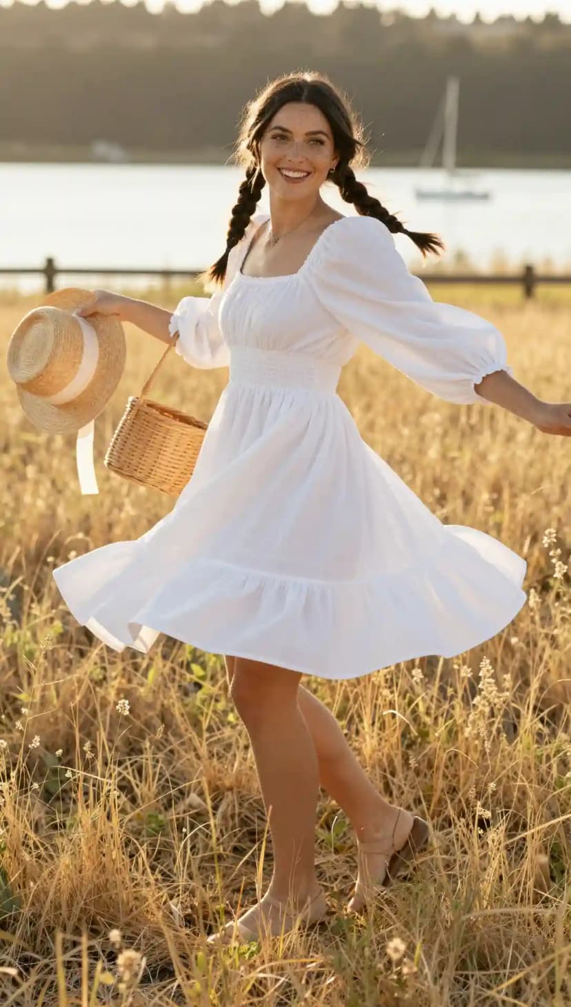 White Smocked Mini Dress + Straw Hat + Wicker Basket