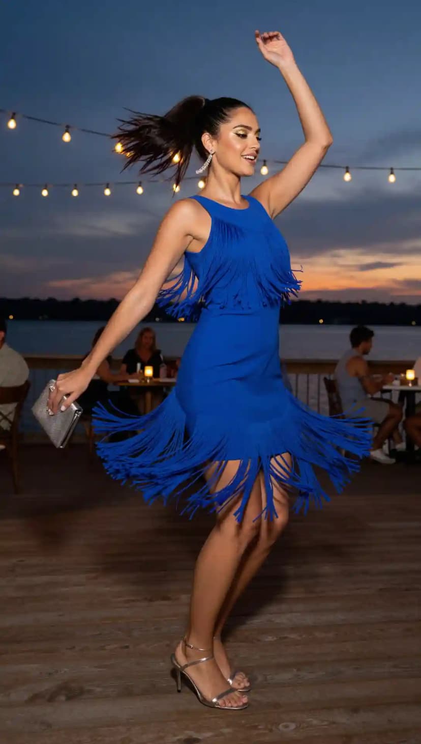 Royal Blue Fringed Mini Dress + Silver Strappy Heels + Silver Clutch