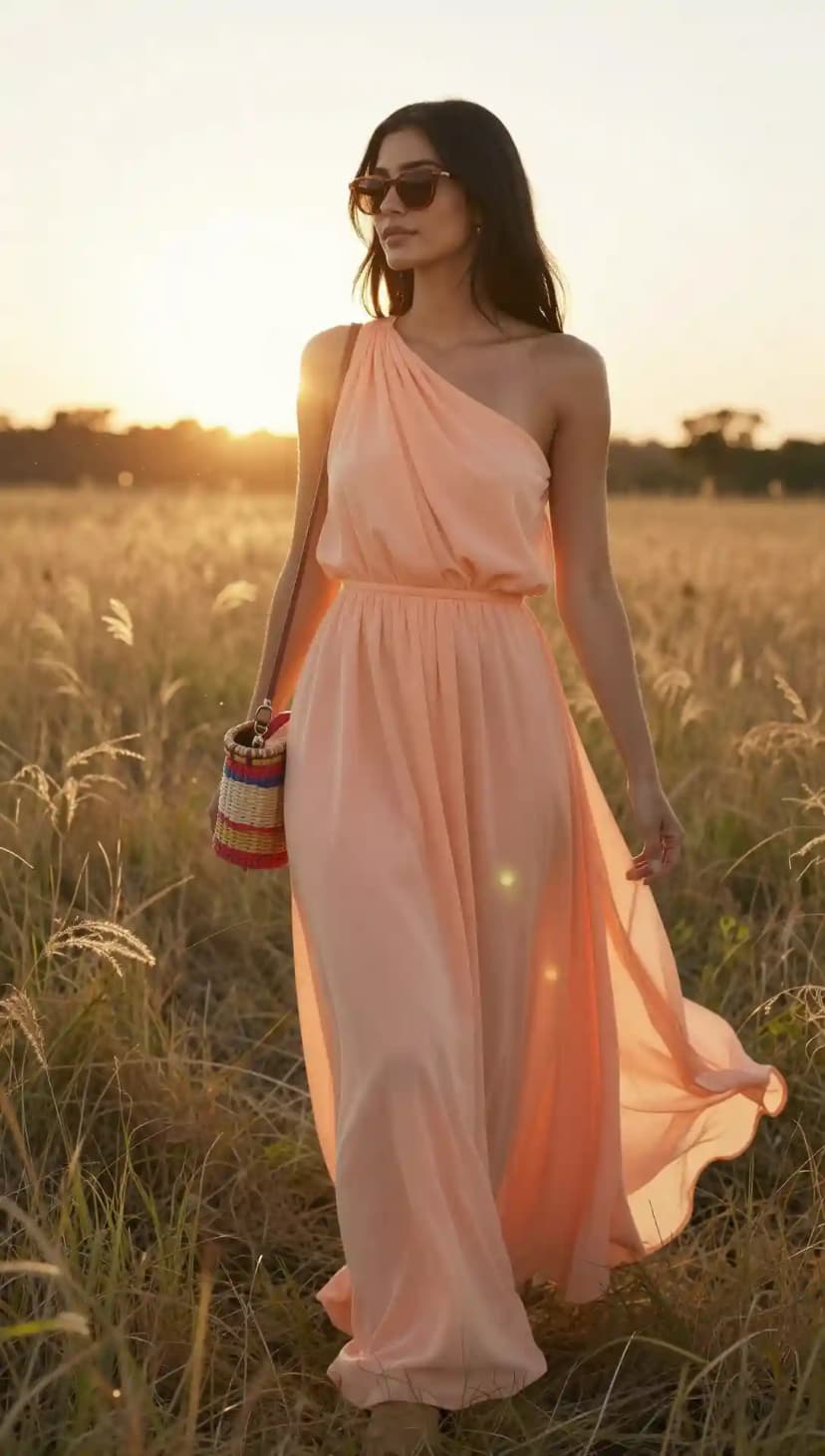 Peach One-Shoulder Maxi Dress + Woven Basket Bag + Sunglasses