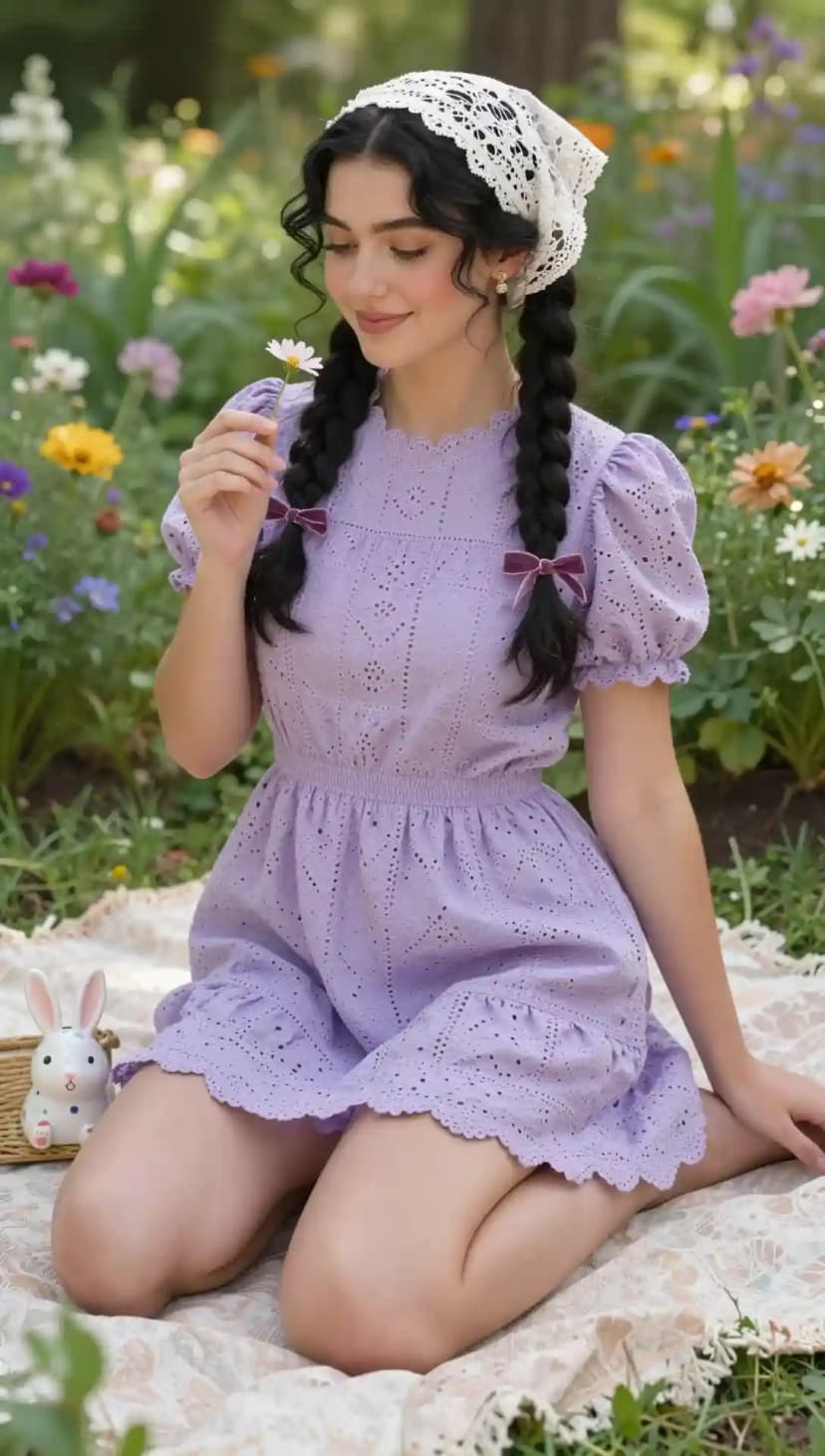 Purple Eyelet Dress + White Lace Scarf + Velvet Bows