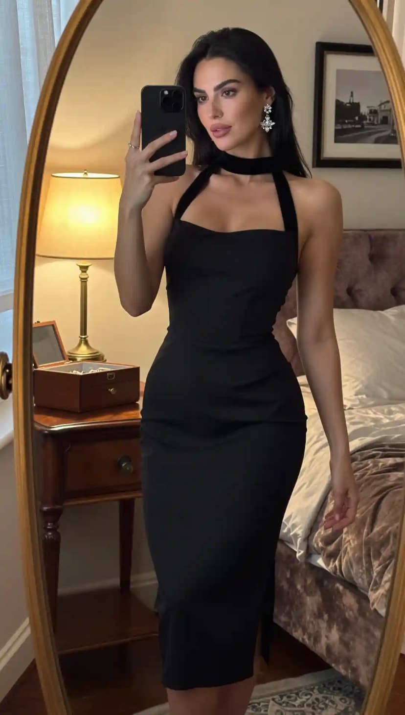 Black Halter Neck Midi Dress + Velvet Choker + Crystal Drop Earrings