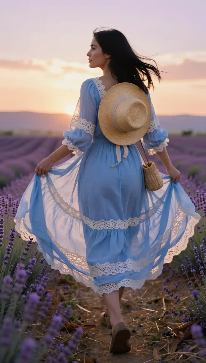 Light Blue Lace-Trimmed Prairie Dress + Straw Hat + Woven Bag