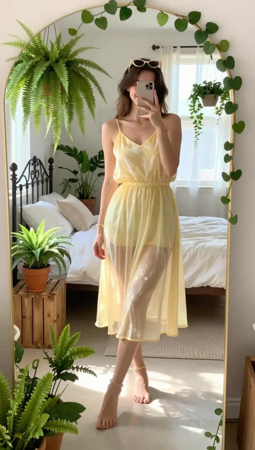 Pale Yellow Sheer Maxi Dress + Gold Anklets