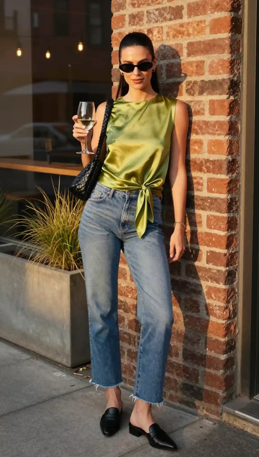 Lime Green Satin Tie-Front Top + Straight Leg Jeans + Black Loafers