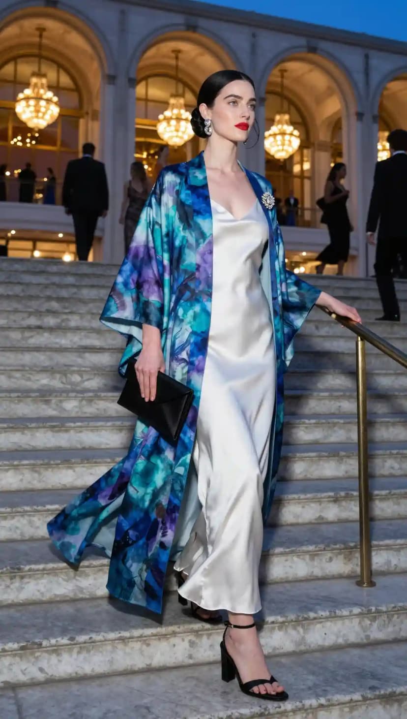 White Silk Slip Dress + Blue & Teal Watercolor Kimono + Black Heels