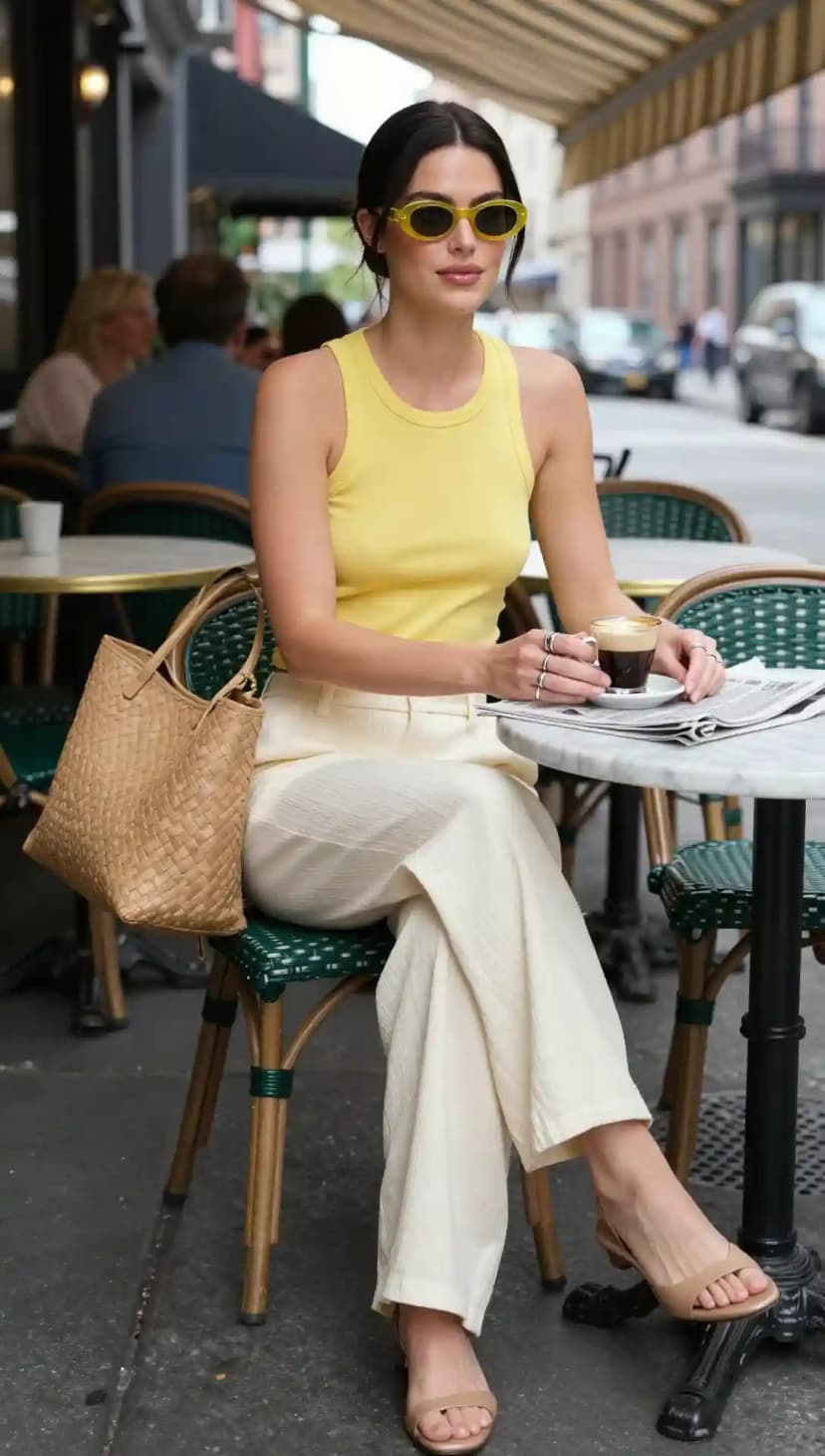 Yellow Ribbed Tank Top + Cream Wide-Leg Trousers + Tan Slide Sandals