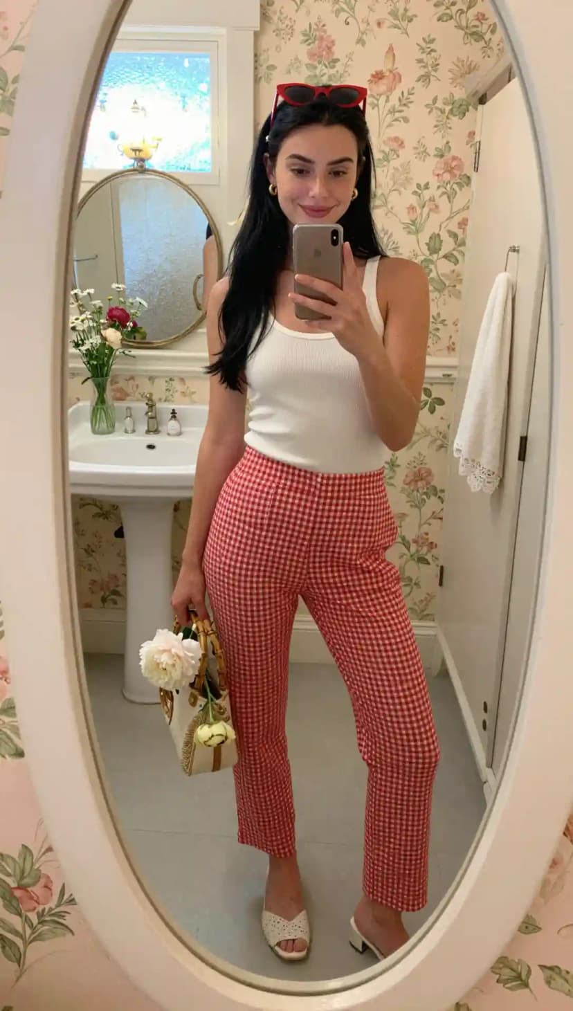 White Tank Top + Red Gingham Pants + Bamboo Handle Bag