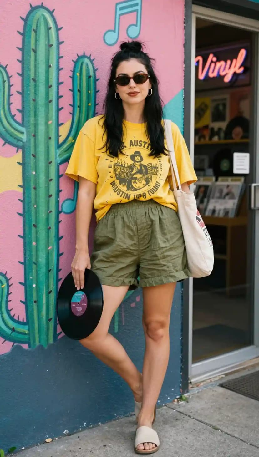 Yellow Graphic T-Shirt + Olive Green Drawstring Shorts + Canvas Tote Bag