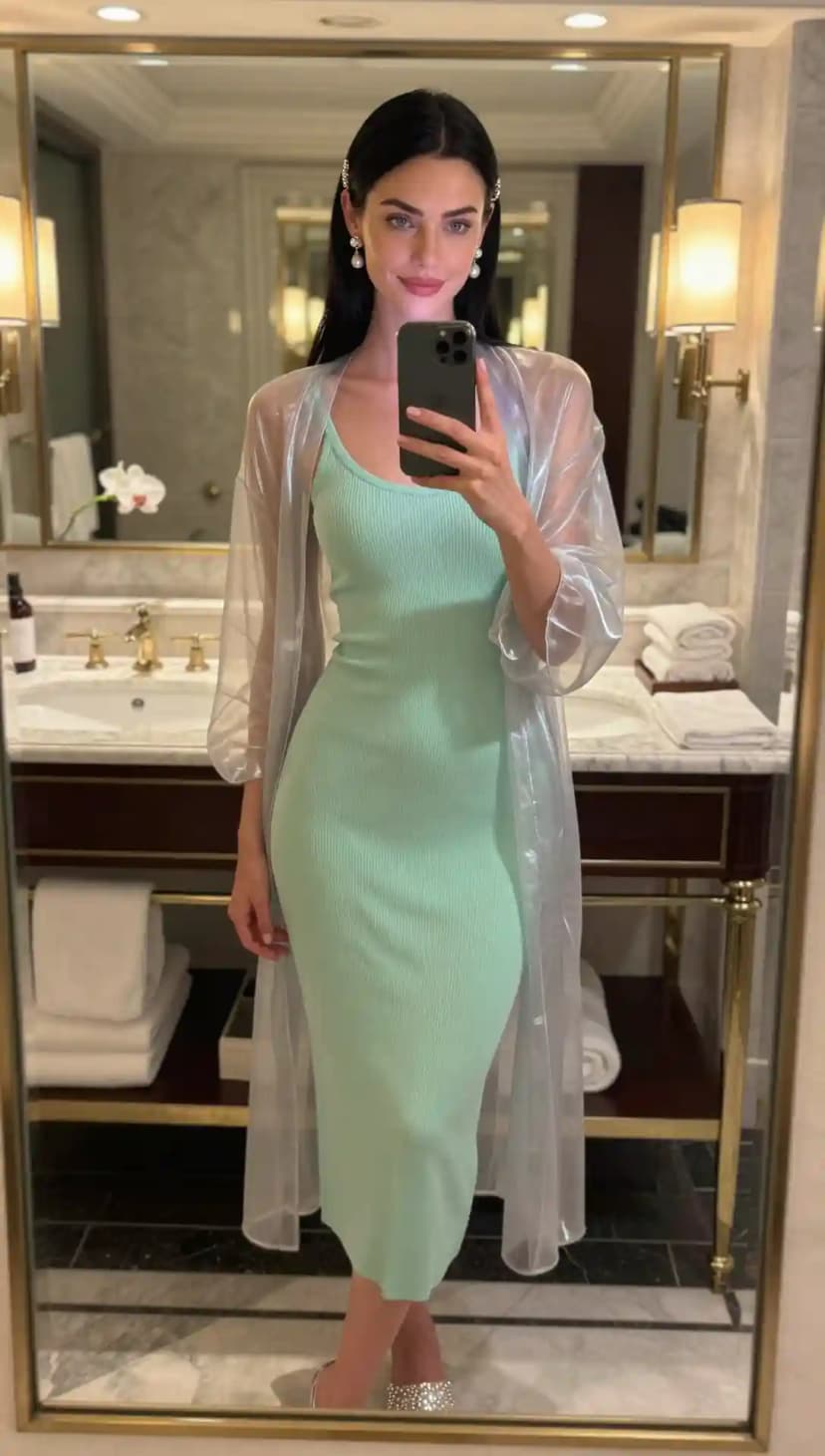 Mint Green Ribbed Midi Dress + Sheer Duster Coat + Pearl Hair Clips