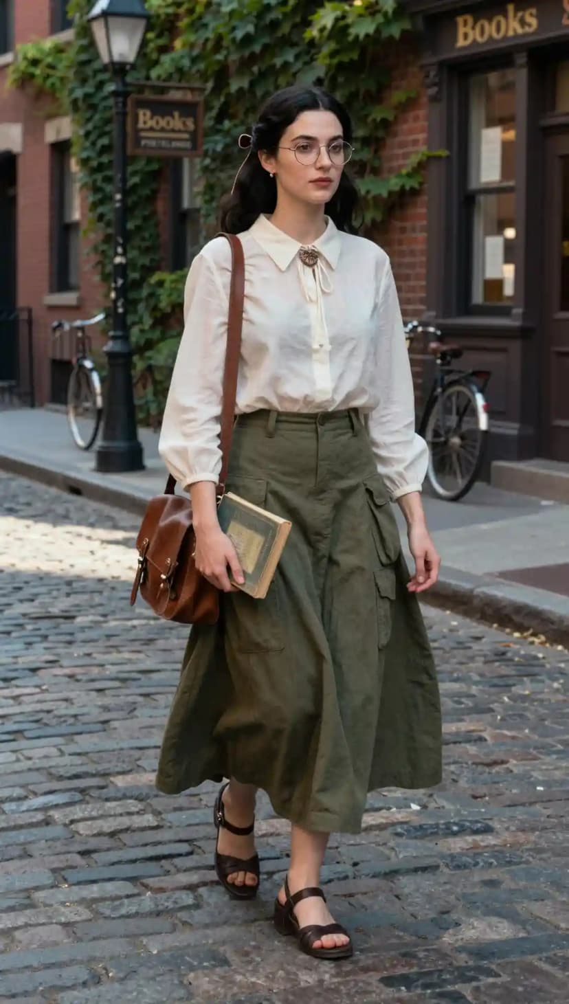 White Button-Up Shirt + Olive Cargo Midi Skirt + Brown Leather Satchel