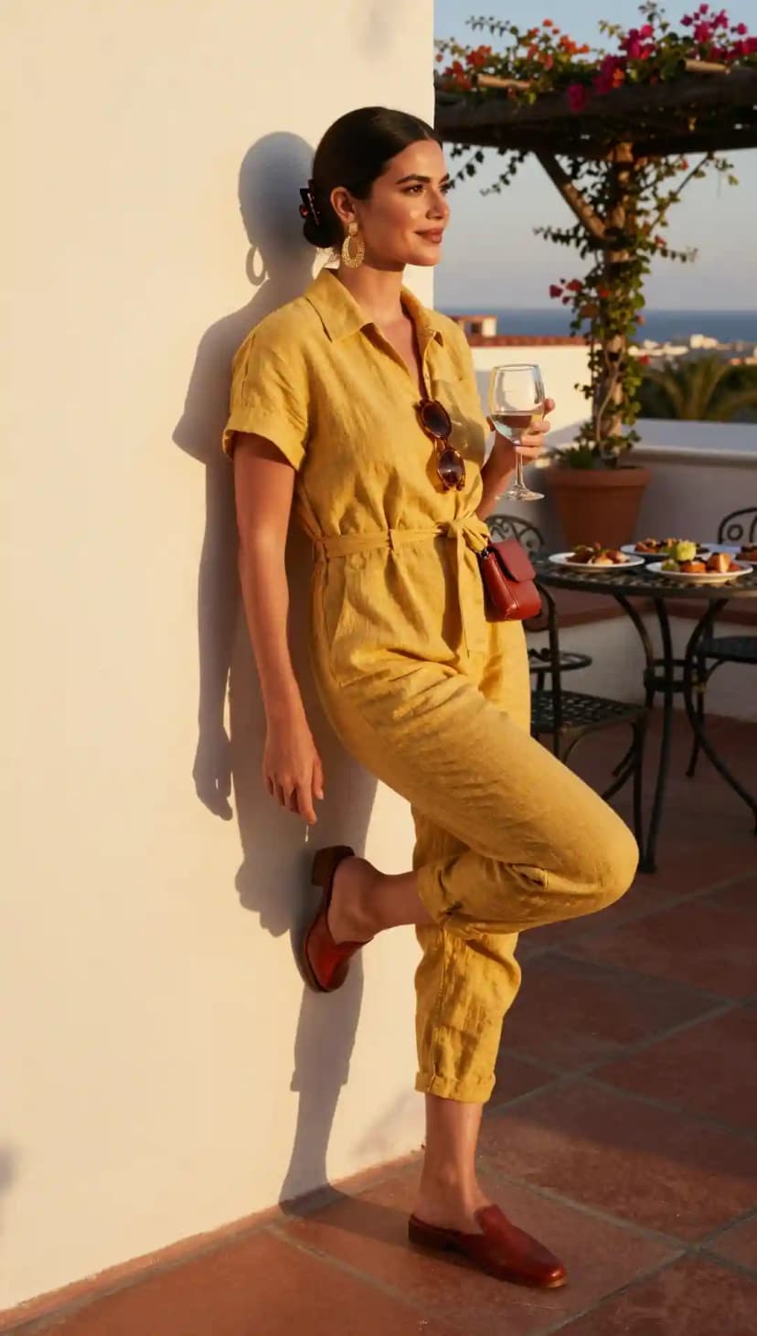 Yellow Linen Jumpsuit + Red Mules + Red Belt Bag