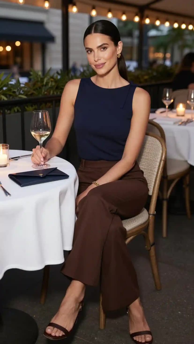 Navy Asymmetrical Neck Top + Brown Wide-Leg Trousers + Burgundy Heeled Sandals