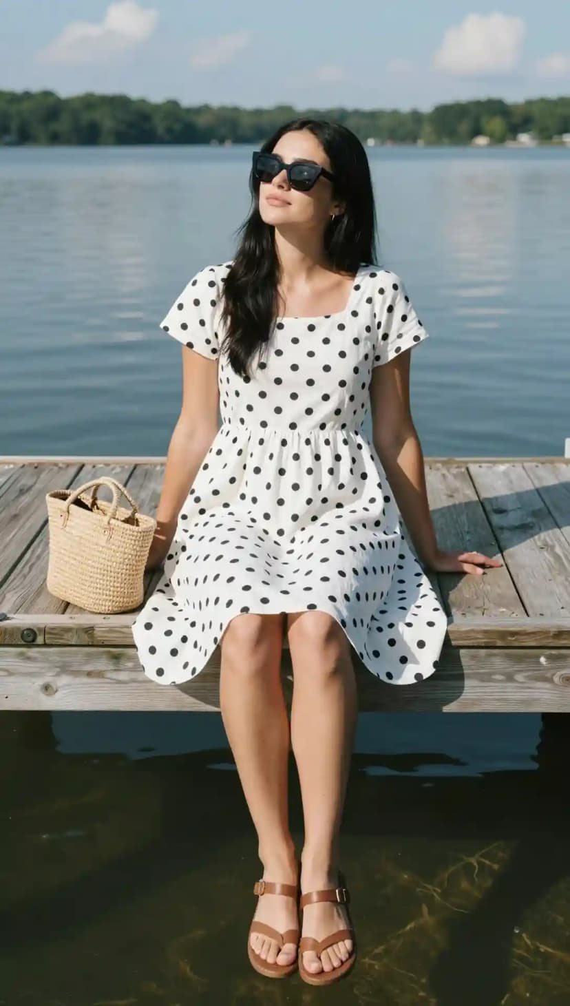 White Polka Dot Dress + Woven Tote Bag + Sunglasses + Flat Sandals