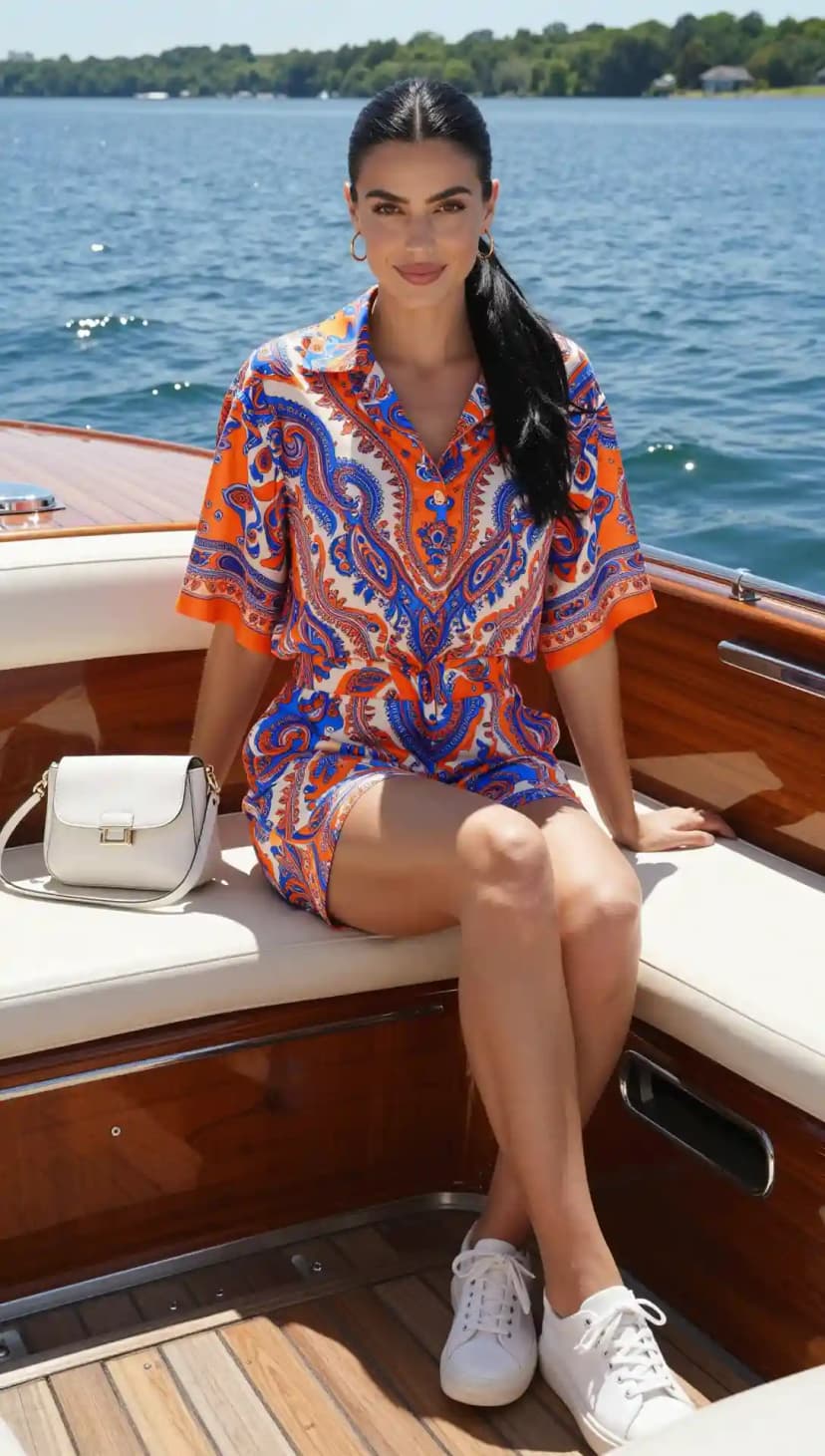 Paisley Print Button-Up Romper + White Crossbody Bag + White Sneakers