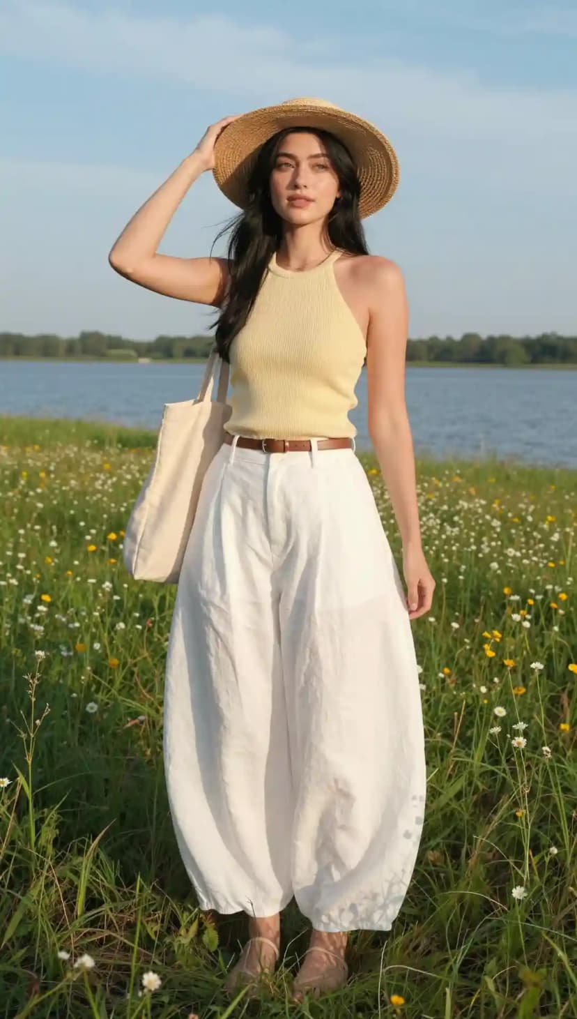 Yellow Ribbed Halter Top + White Balloon Pants + Straw Hat