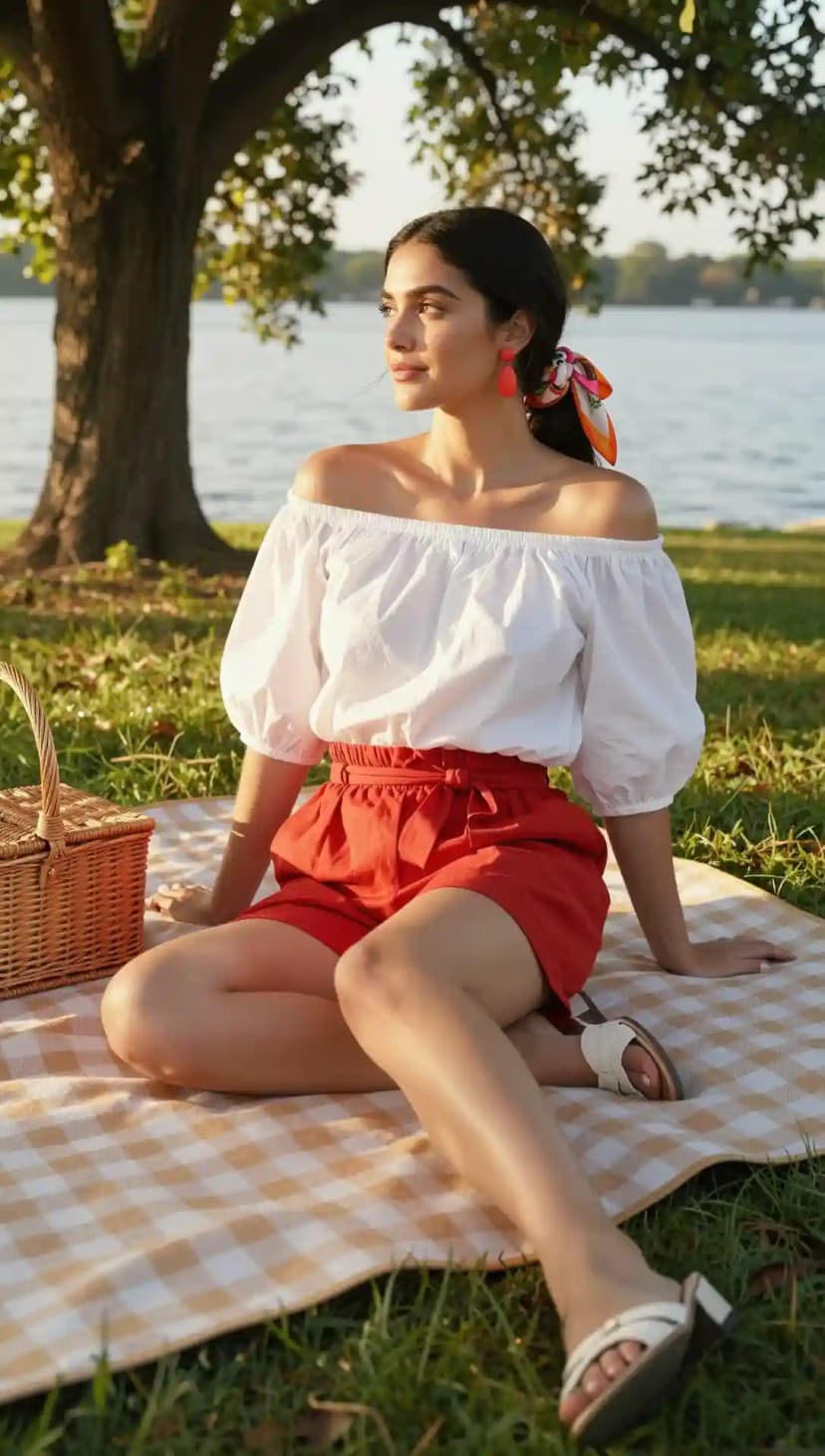 White Off-the-Shoulder Top + Red Paperbag Shorts + White Block Heels