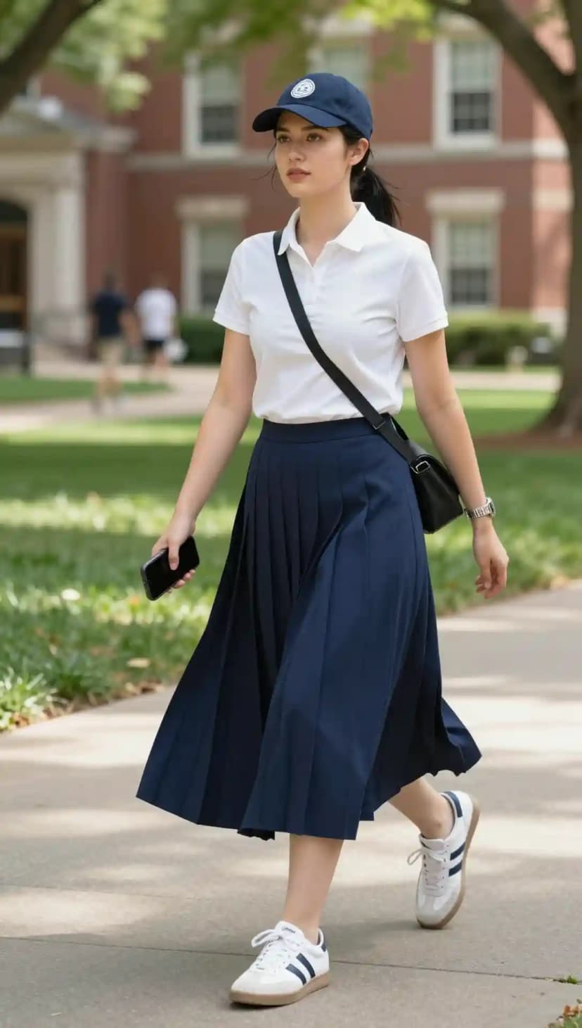 White Polo Shirt + Navy Pleated Midi Skirt + White Sneakers + Navy Baseball Cap