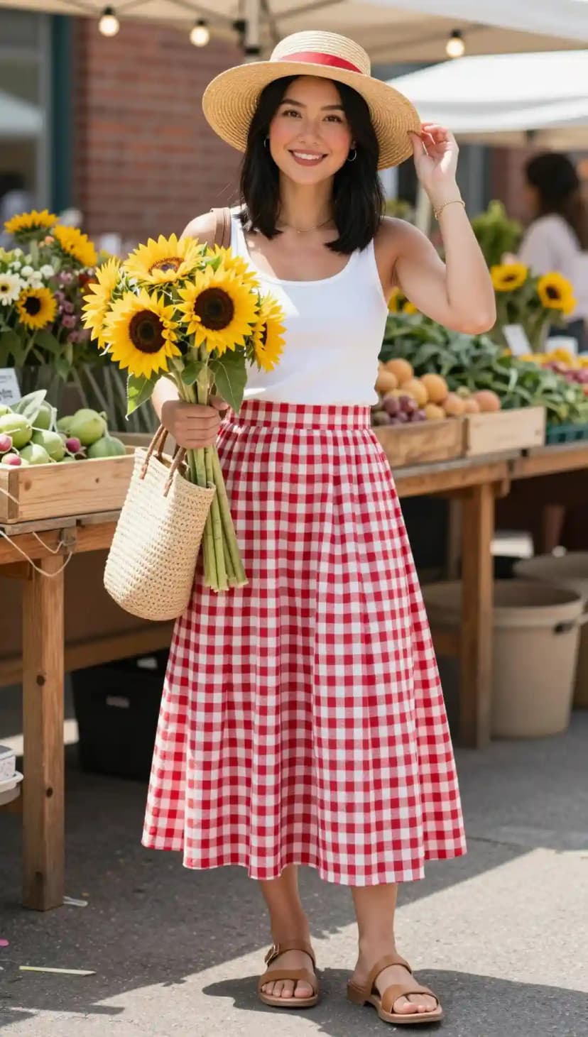 White Tank Top + Red Gingham Maxi Skirt + Straw Hat + Straw Tote Bag + Brown Sandals