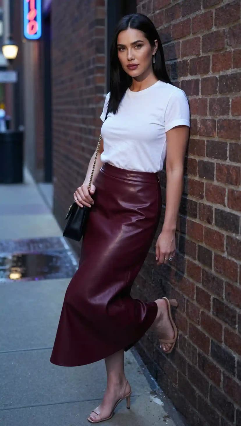 White T-shirt + Burgundy Faux Leather Maxi Skirt + Black Shoulder Bag + Nude Heels