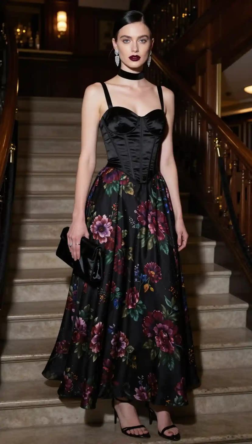 Black Corset Top + Floral Print Ball Skirt + Black Clutch + Black Heels