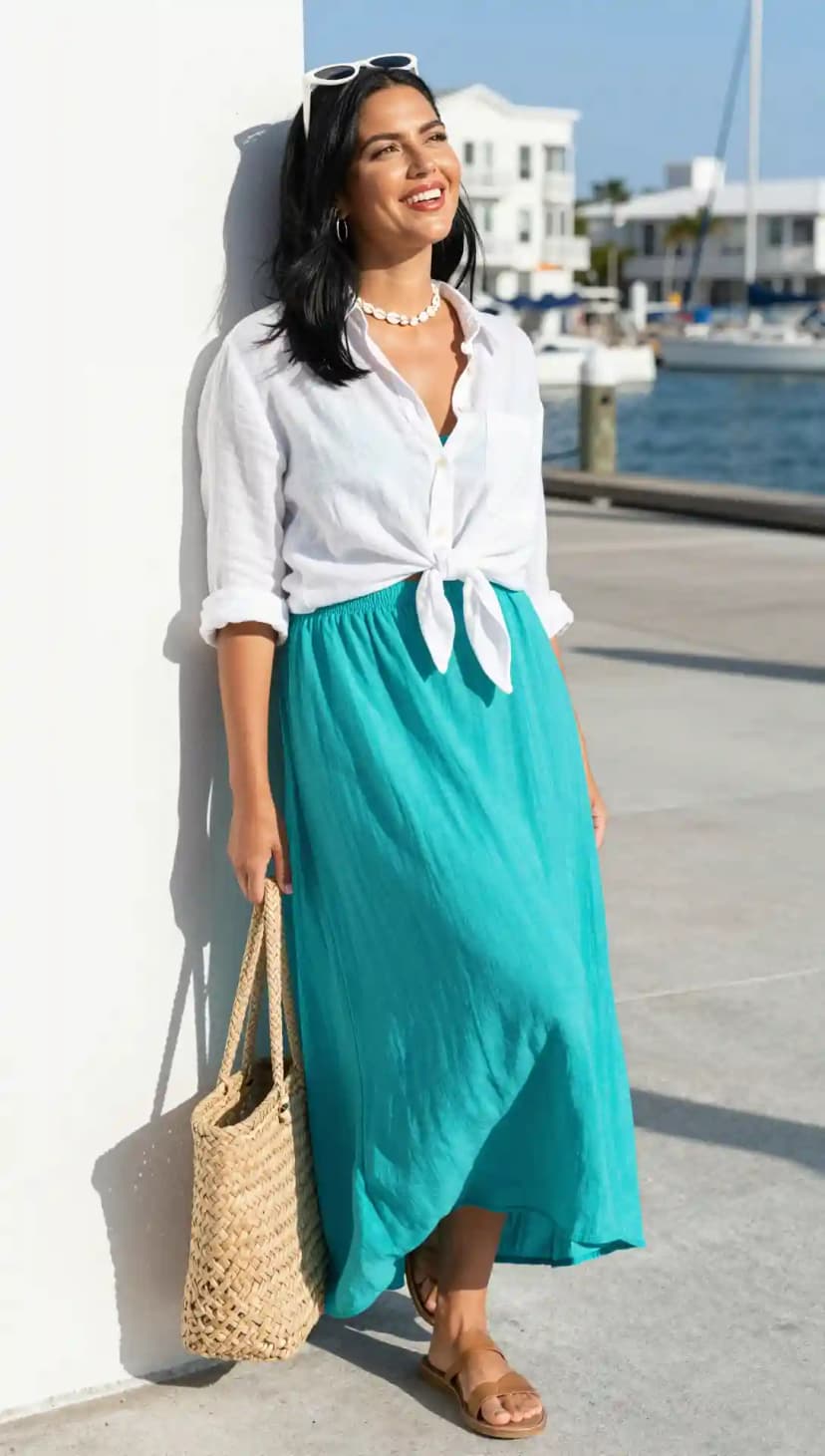White Linen Button-Down Shirt + Teal Maxi Skirt + Straw Tote Bag + Brown Sandals
