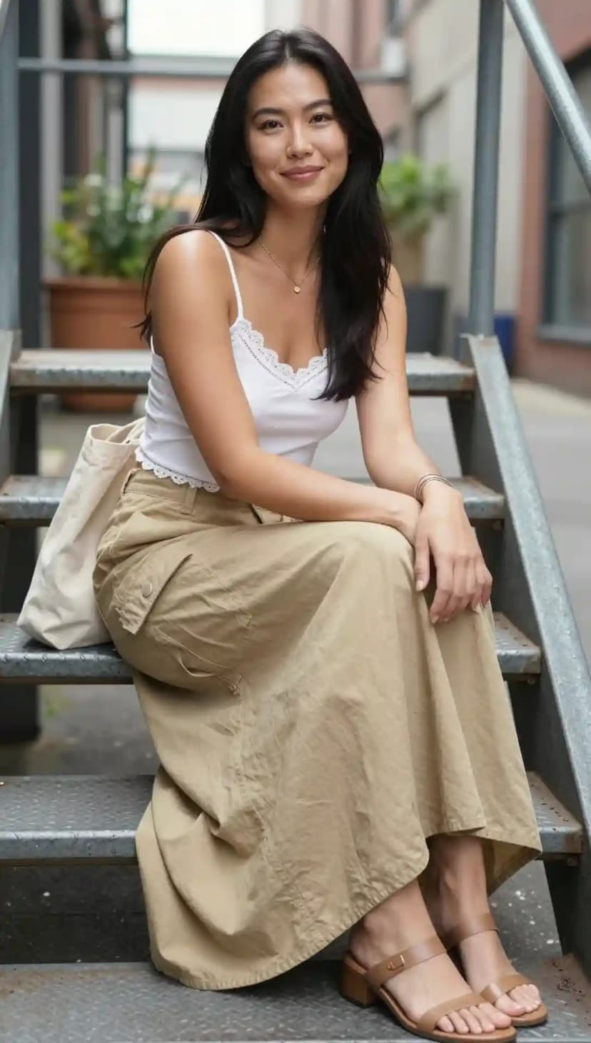 White Lace Trim Cami + Khaki Cargo Maxi Skirt + Canvas Tote Bag + Brown Block Heel Slides