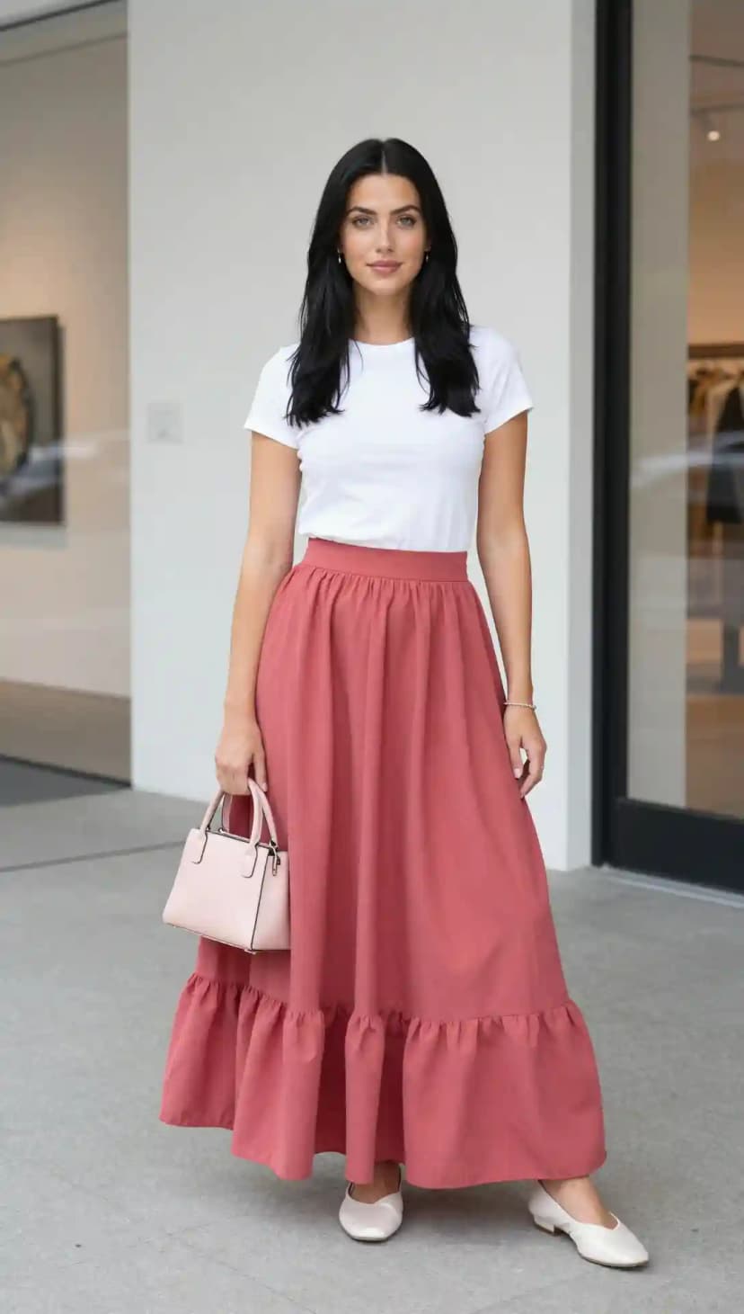White T-shirt + Coral Tiered Maxi Skirt + Pink Top-Handle Bag + White Flats