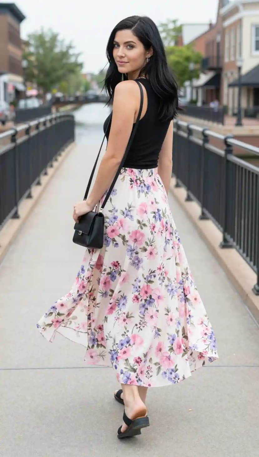 Black Tank Top + Floral Print Maxi Skirt + Black Crossbody Bag + Black Slides