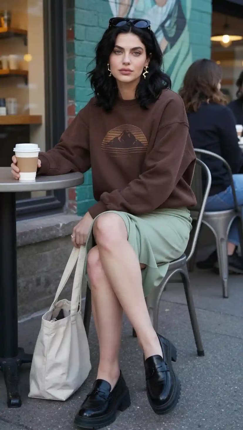 Brown Mountain Graphic Sweatshirt + Sage Green Midi Skirt + Black Loafers