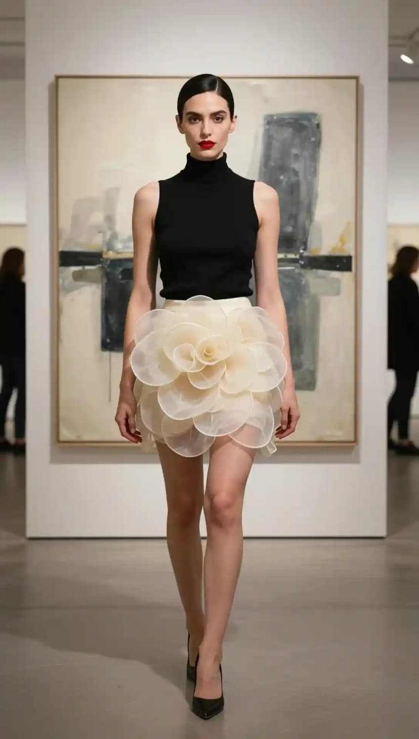 Black Turtleneck Top + Cream Flower-Appliquéd Mini Skirt + Black Pumps