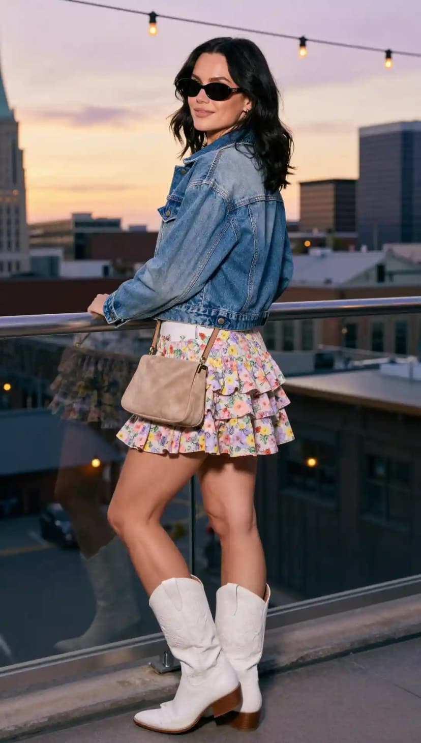 Denim Jacket + Floral Ruffle Mini Skirt + White Cowboy Boots