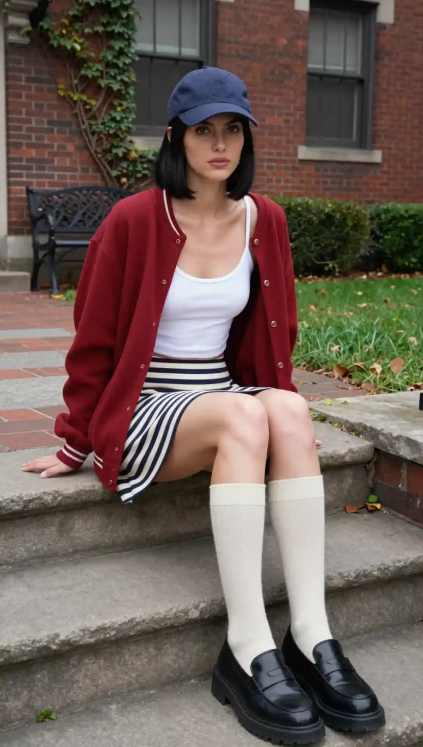 Maroon Bomber Jacket + White Crop Top + Navy & White Striped Mini Skirt + Navy Baseball Cap