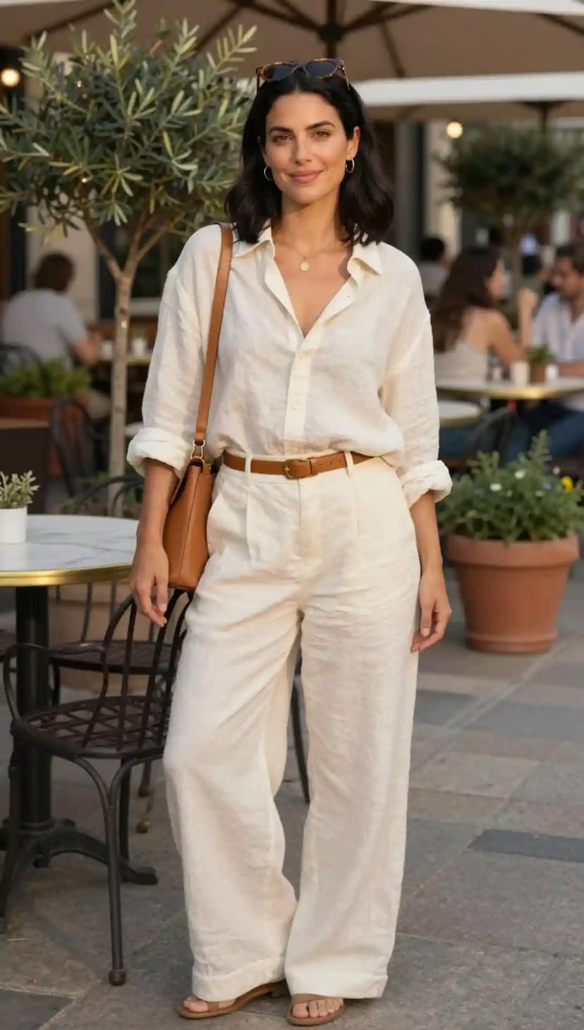 Cream Linen Shirt + Cream Linen Trousers + Brown Leather Belt