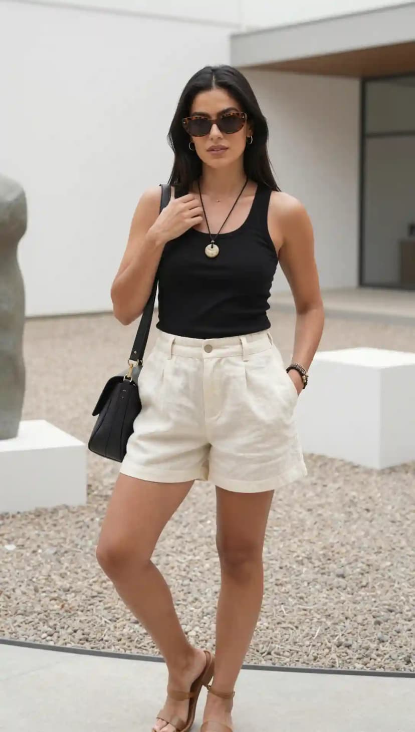 Black Ribbed Tank Top + Cream Linen Shorts + Brown Leather Sandals