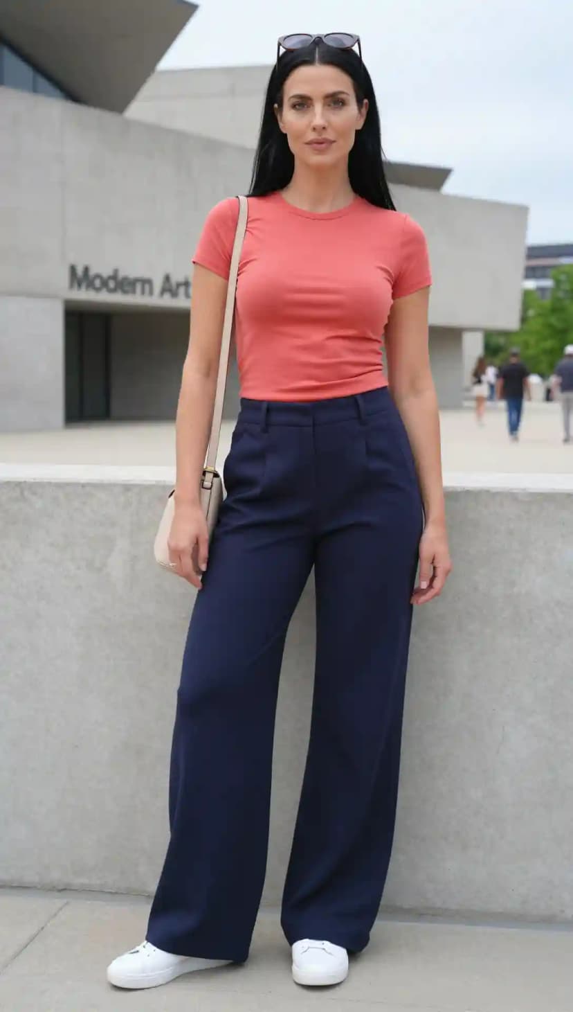 Coral Cotton T-Shirt + Navy Crepe Wide-Leg Trousers + White Leather Sneakers