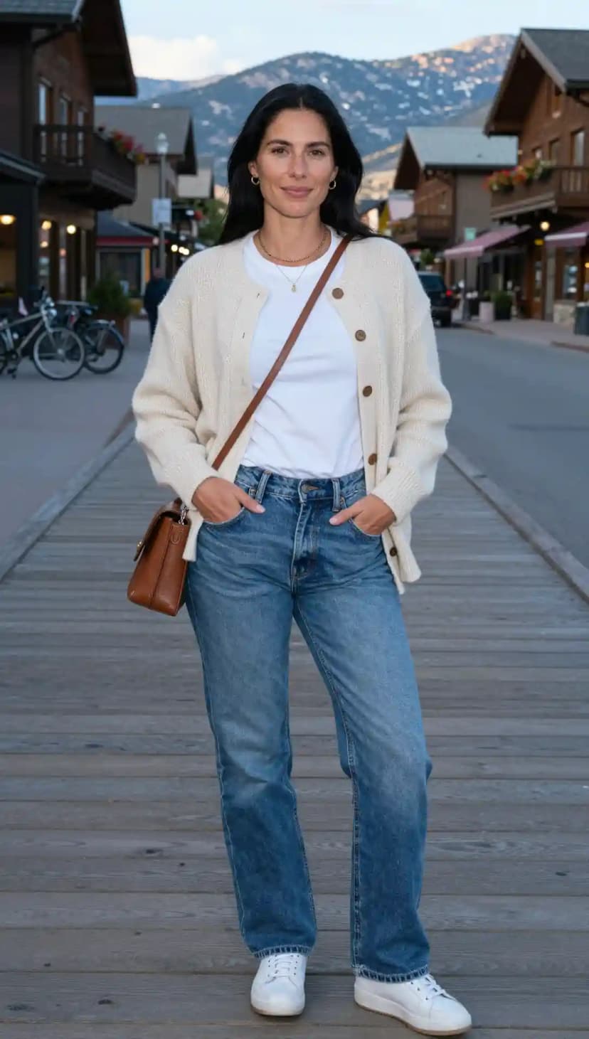 Cream Cable Knit Cardigan + White Cotton T-Shirt + Blue Denim Jeans
