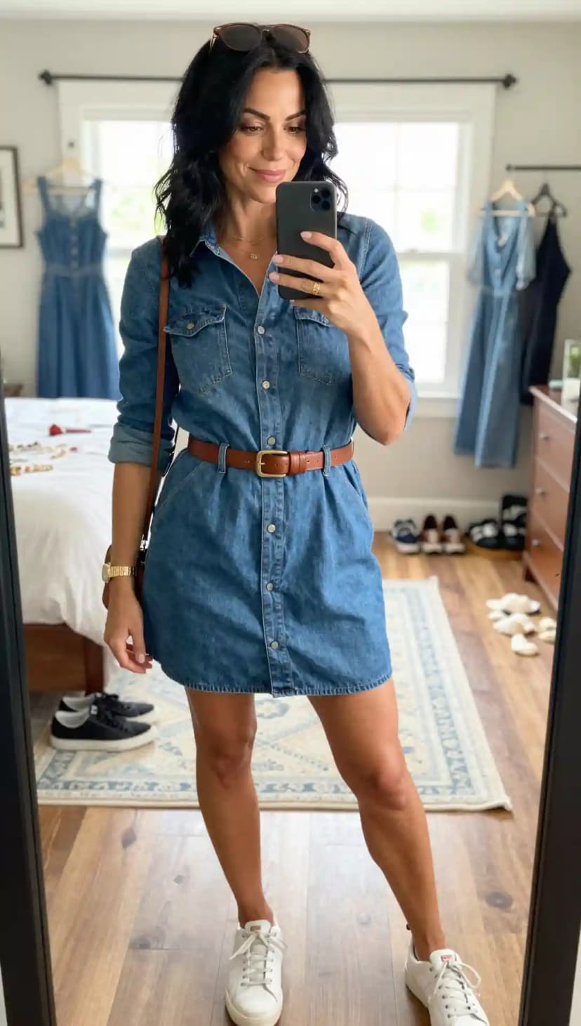 Blue Denim Shirt Dress + Brown Leather Belt + White Leather Sneakers