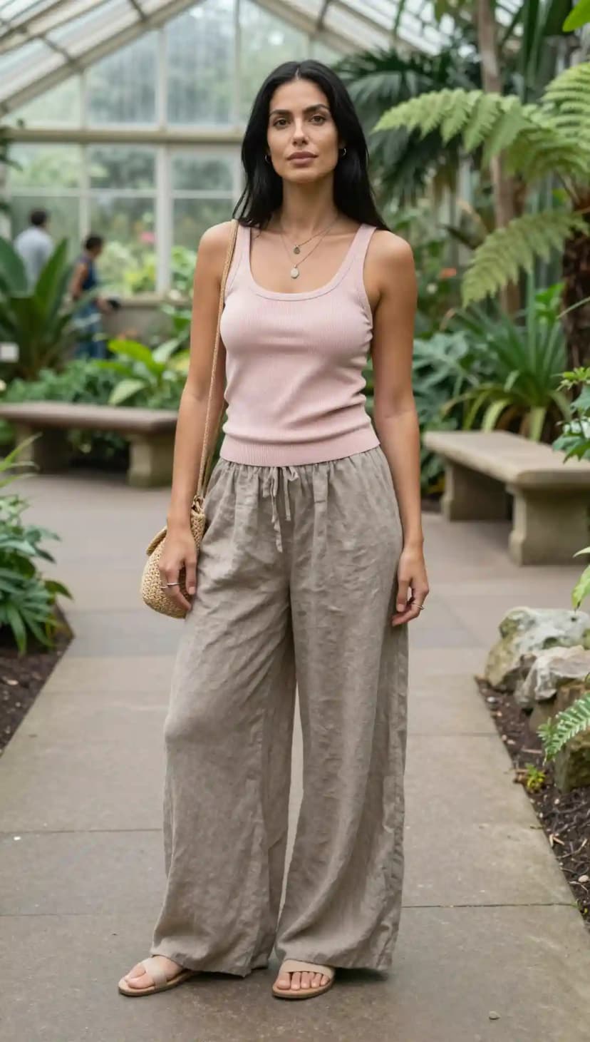 Pink Ribbed Knit Tank + Taupe Linen Wide-Leg Pants