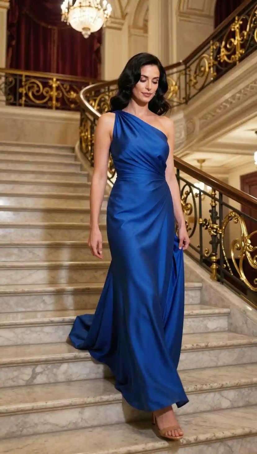 Royal Blue One-Shoulder Gown + Nude Strappy Heels