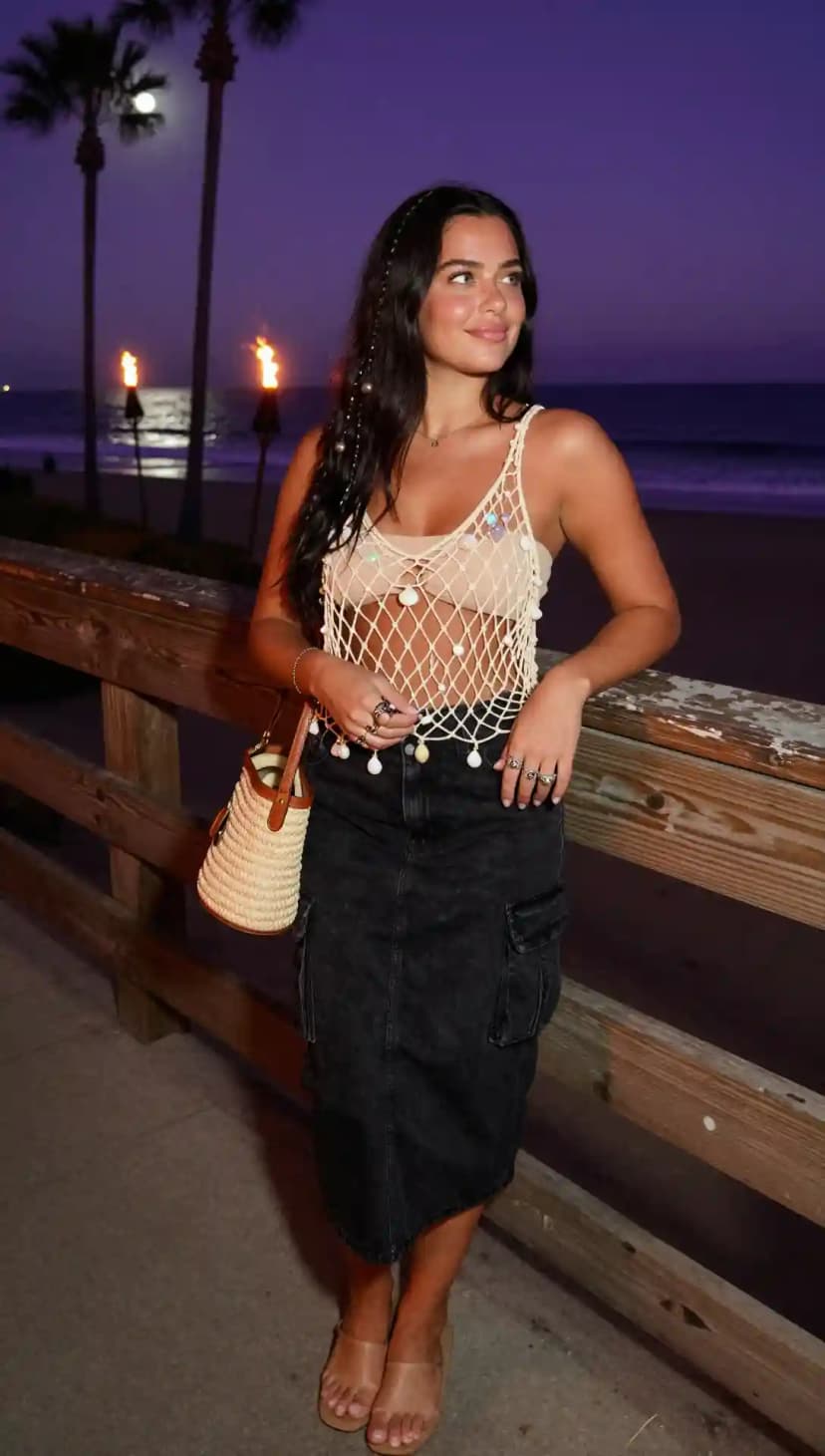 Beige Crocheted Shell Top + Black Denim Cargo Skirt + Clear Square-Toe Heels