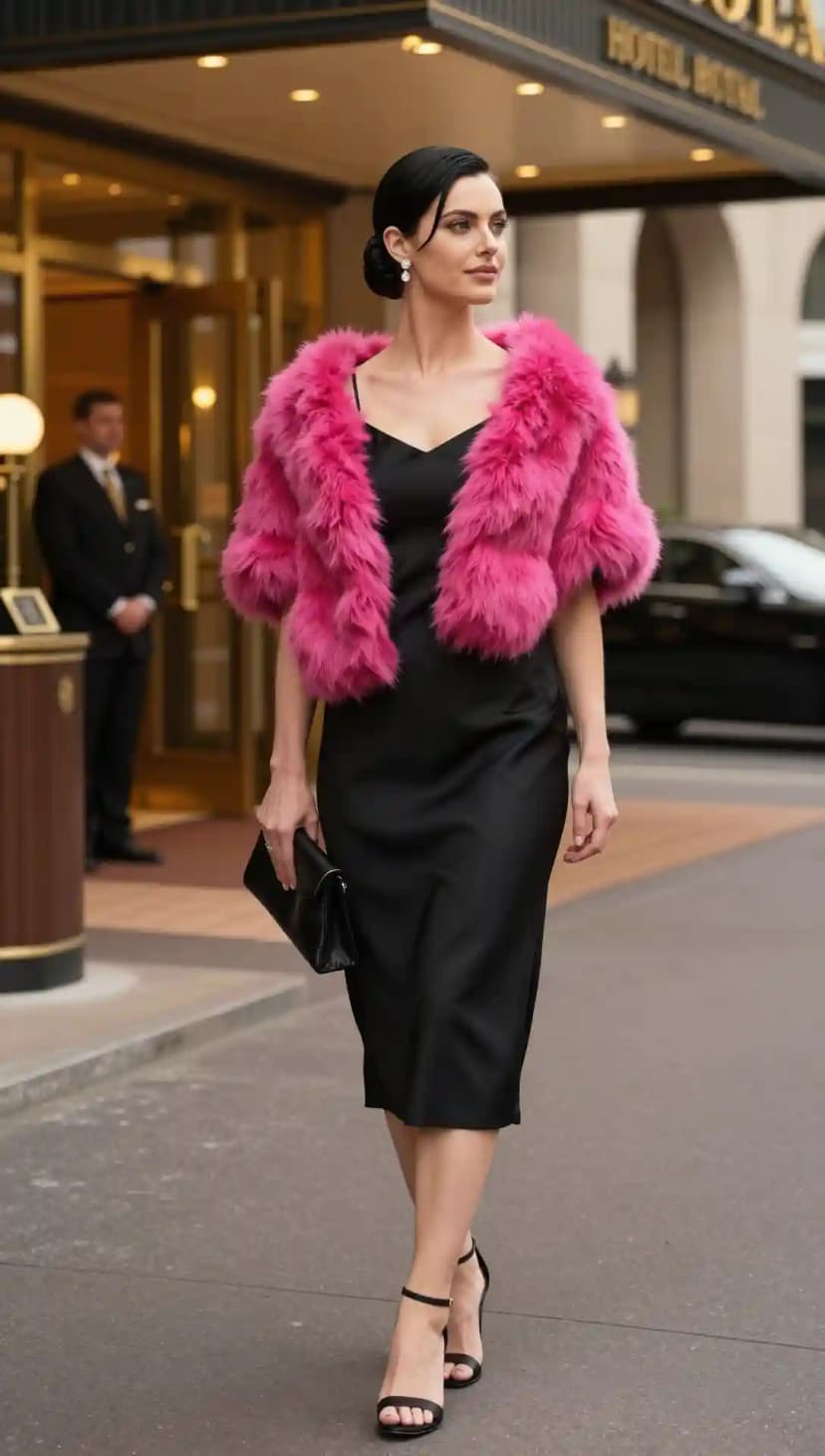 Black Slip Dress + Pink Faux Fur Jacket