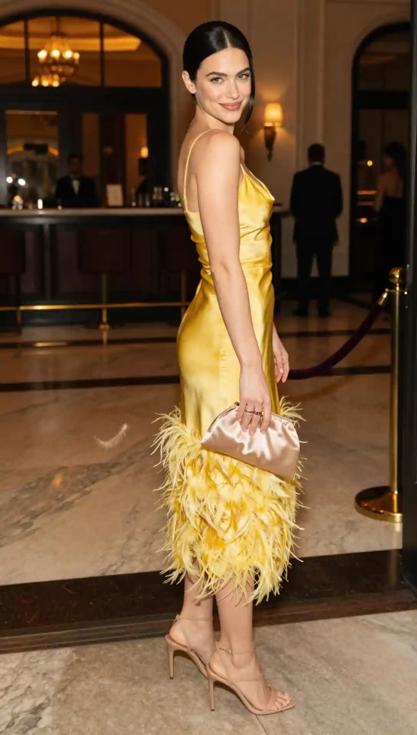 Yellow Satin Feather Trimmed Dress + Nude Strappy Heels + Satin Clutch