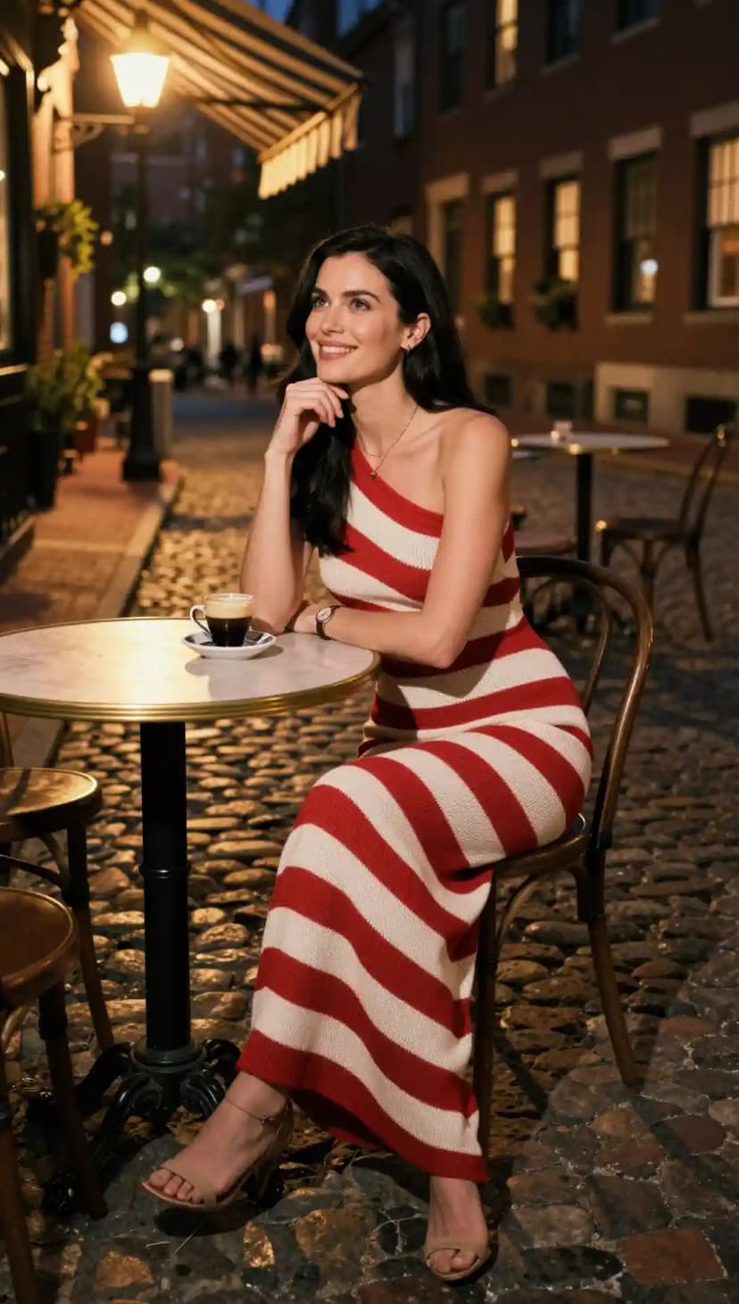 Red and White Striped One-Shoulder Maxi Dress + Nude Strappy Heels