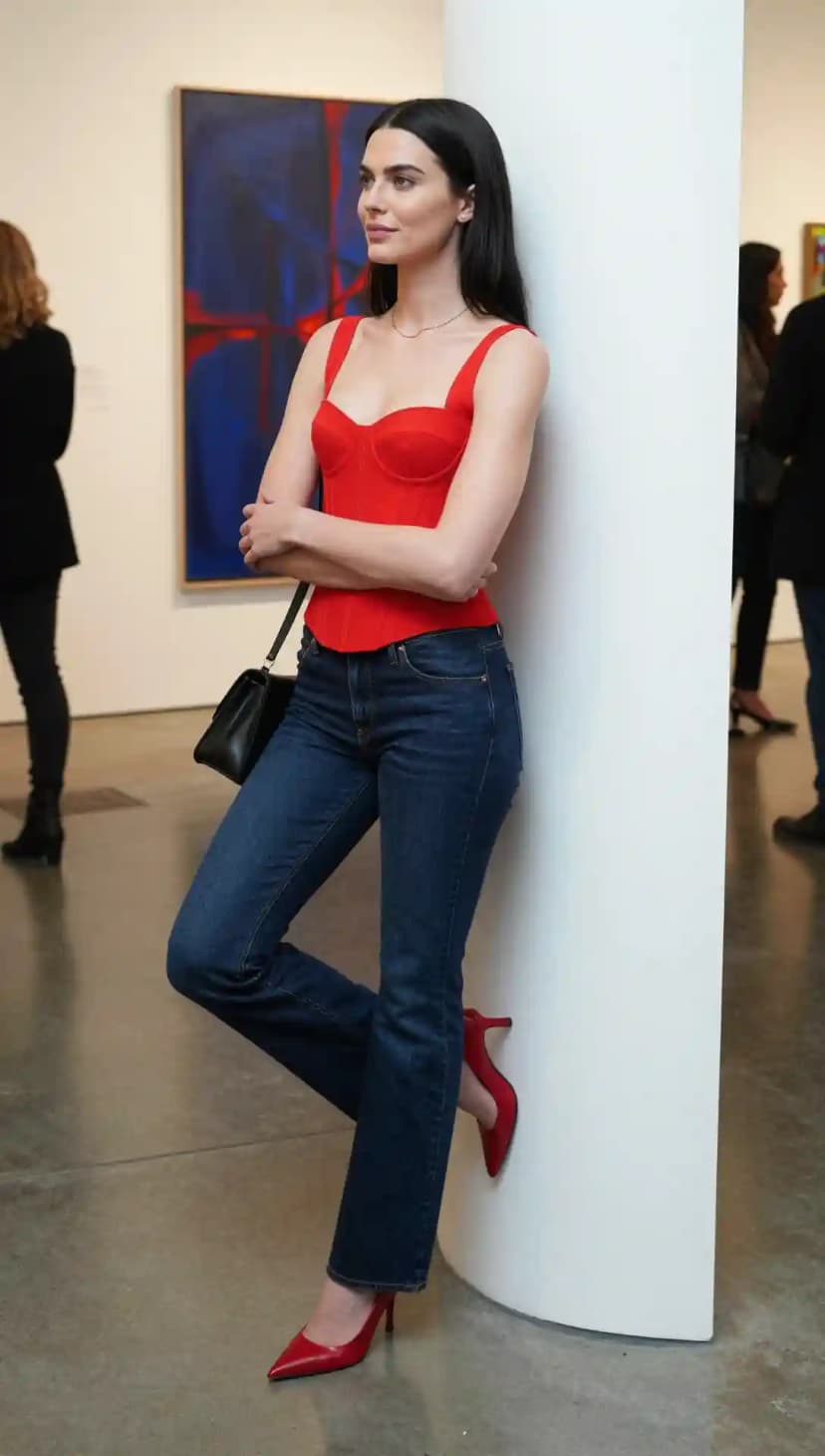 Red Corset Top + Dark Wash Flare Jeans + Red Heels