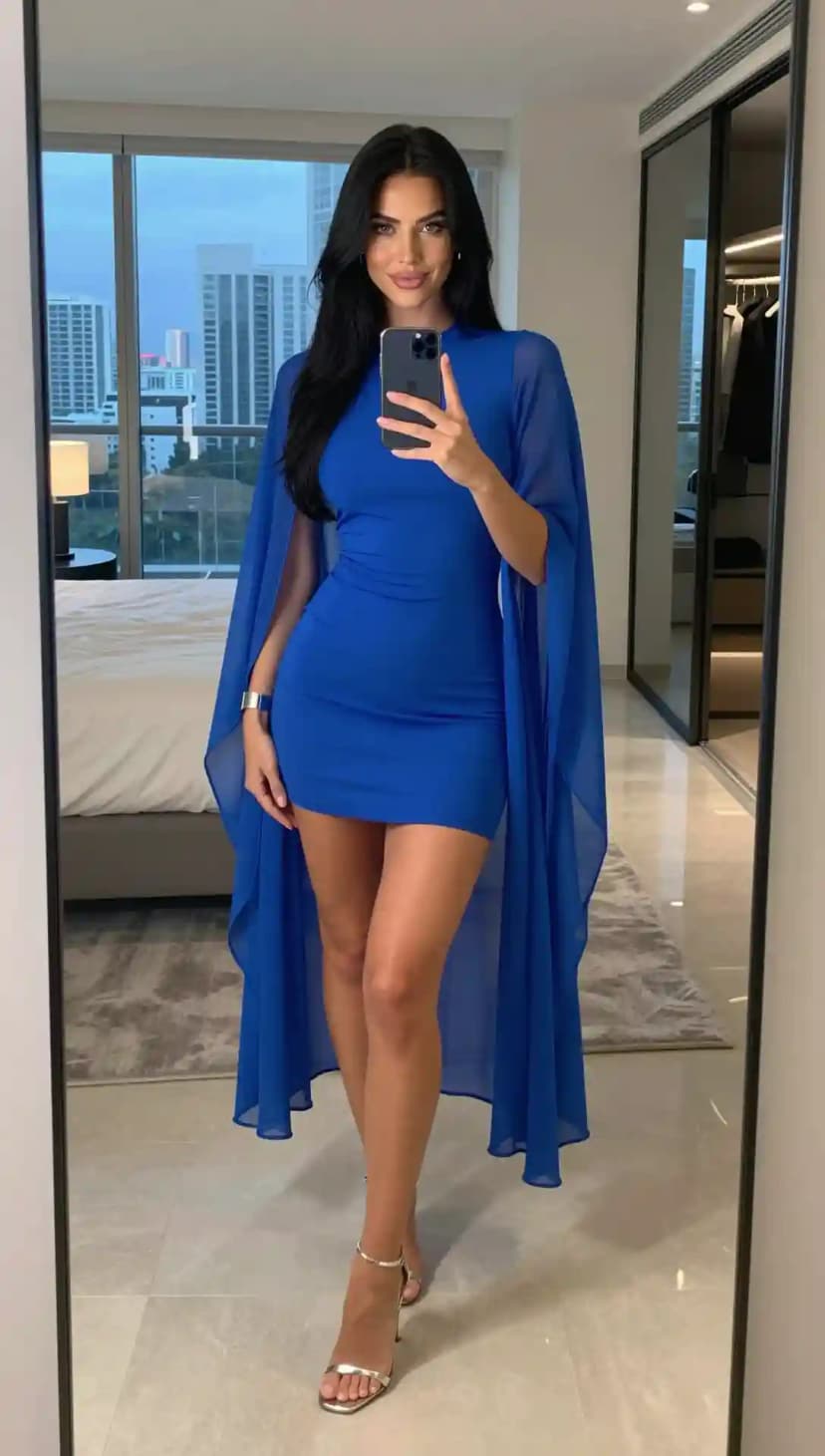 Royal Blue Cape Dress + Silver Strappy Heels